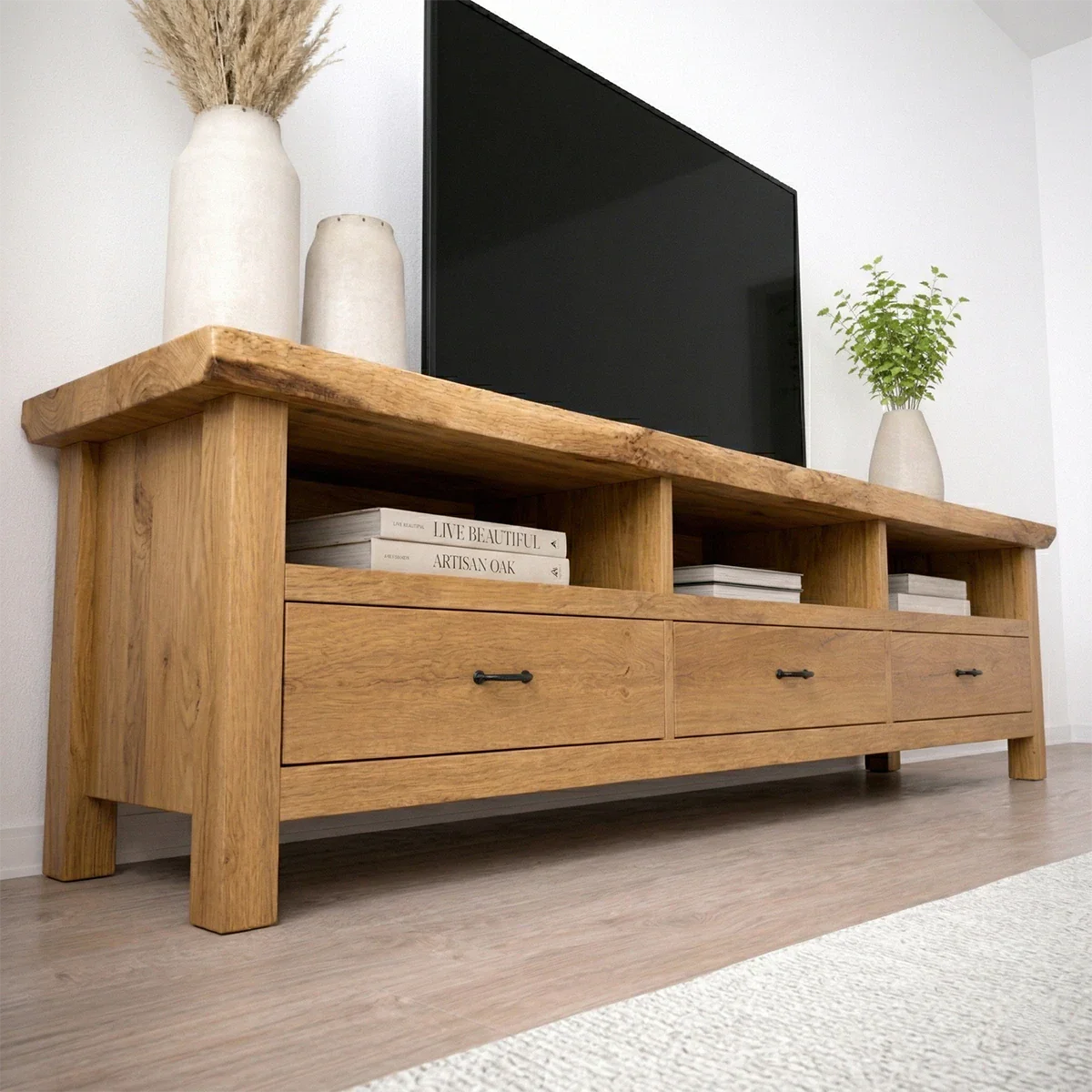 Handcrafted Solid Wood TV Stand with Spacious Drawers and Open Media Storage - Rustirawood