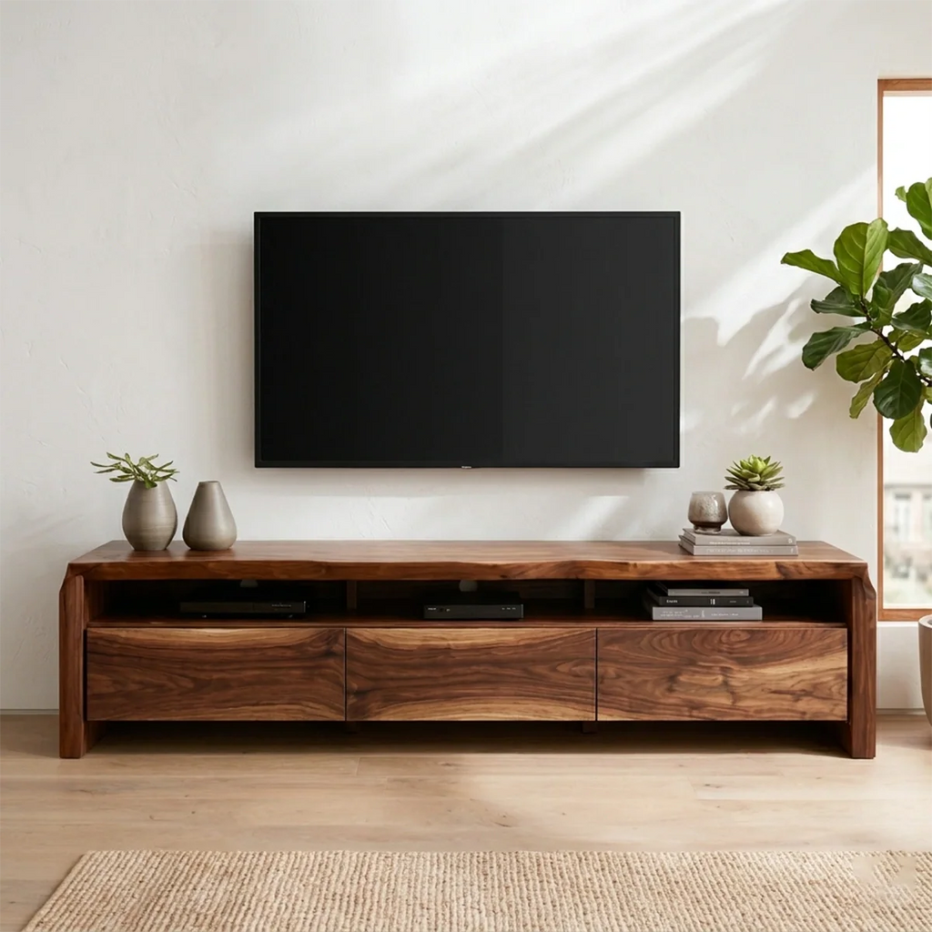 Handcrafted Solid Wood TV Stand with Thick Top and Curved Side Legs - Rustirawood