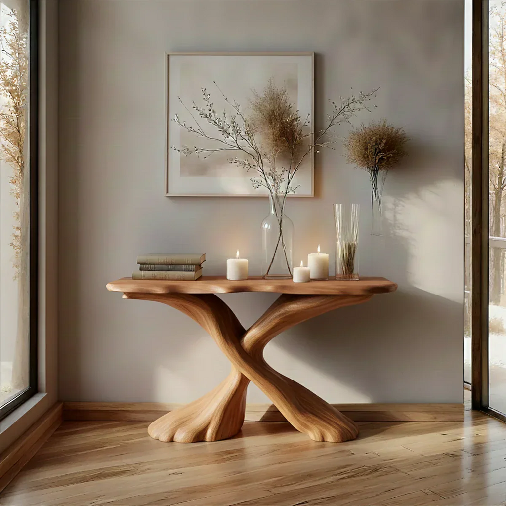 Handcrafted Solid Wood Twisted Sculptural Console – Japandi Art Form - Rustirawood