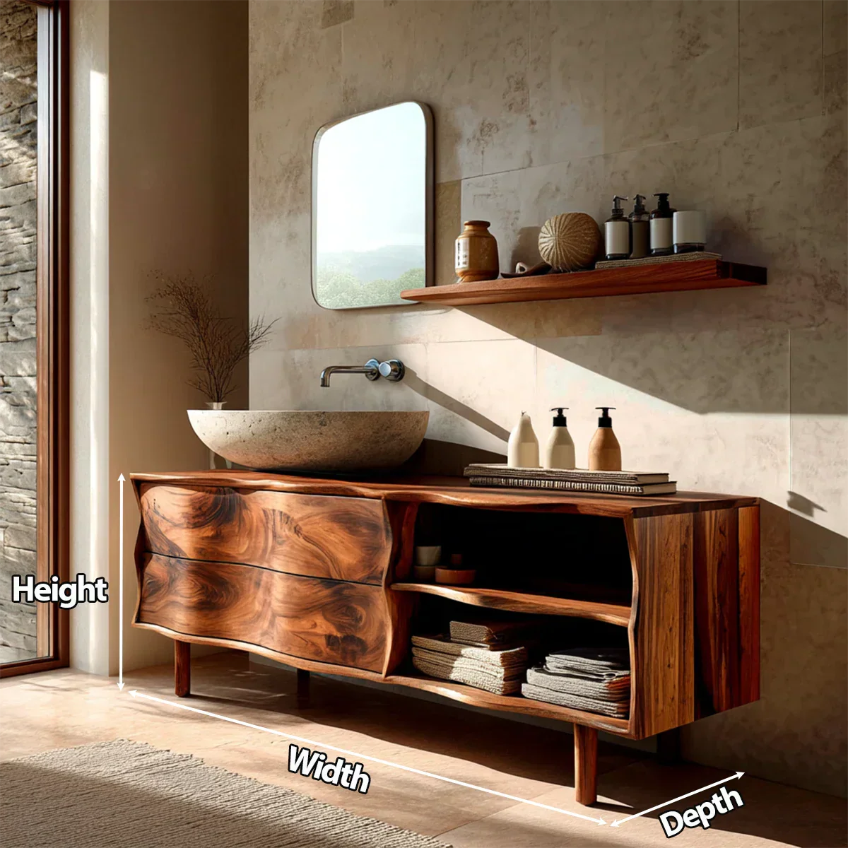 Handcrafted Traditional Bathroom Vanity Cabinet in Natural Solid Wood - Rustirawood