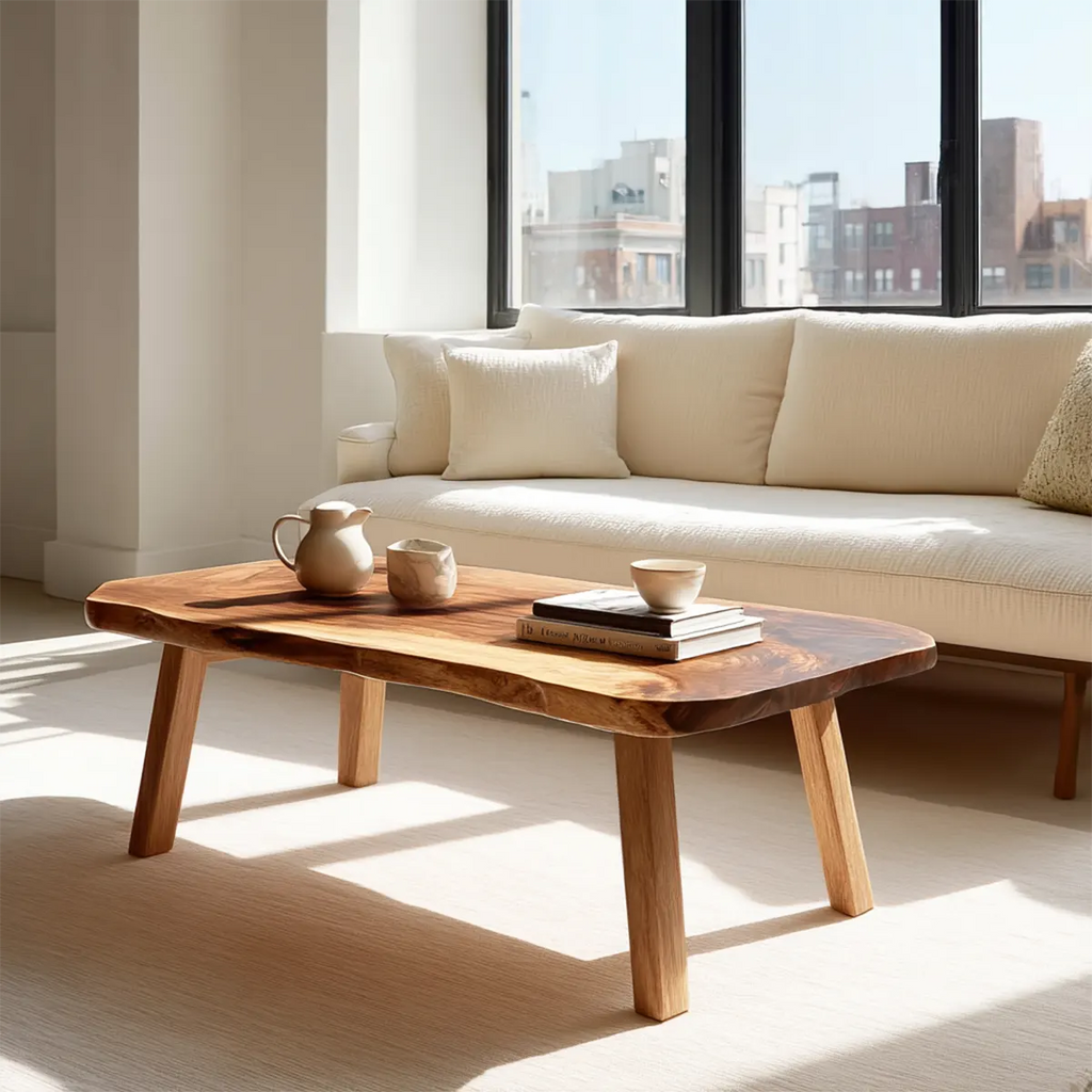 Japandi Live Edge Coffee Table with Straight Legs in Natural Solid Wood - Rustirawood