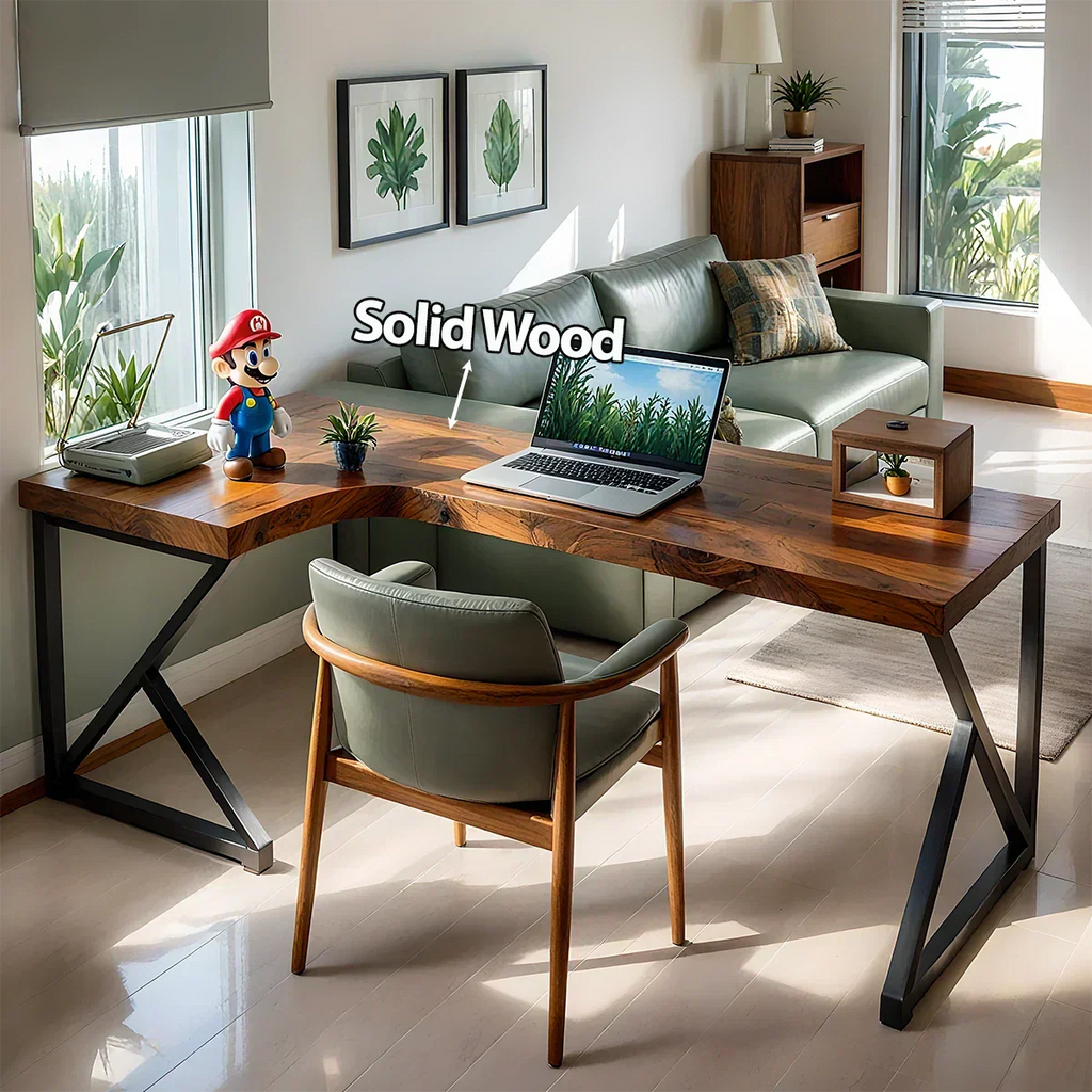 L-Shaped Solid Wood Desk with Steel Z-Frame - Rustirawood