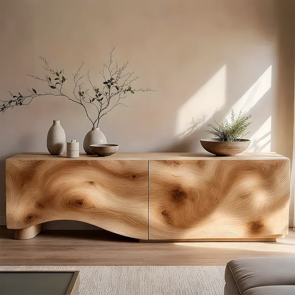 Light Burl Wave Solid Wood TV Console – Minimal Organic Design - Rustirawood