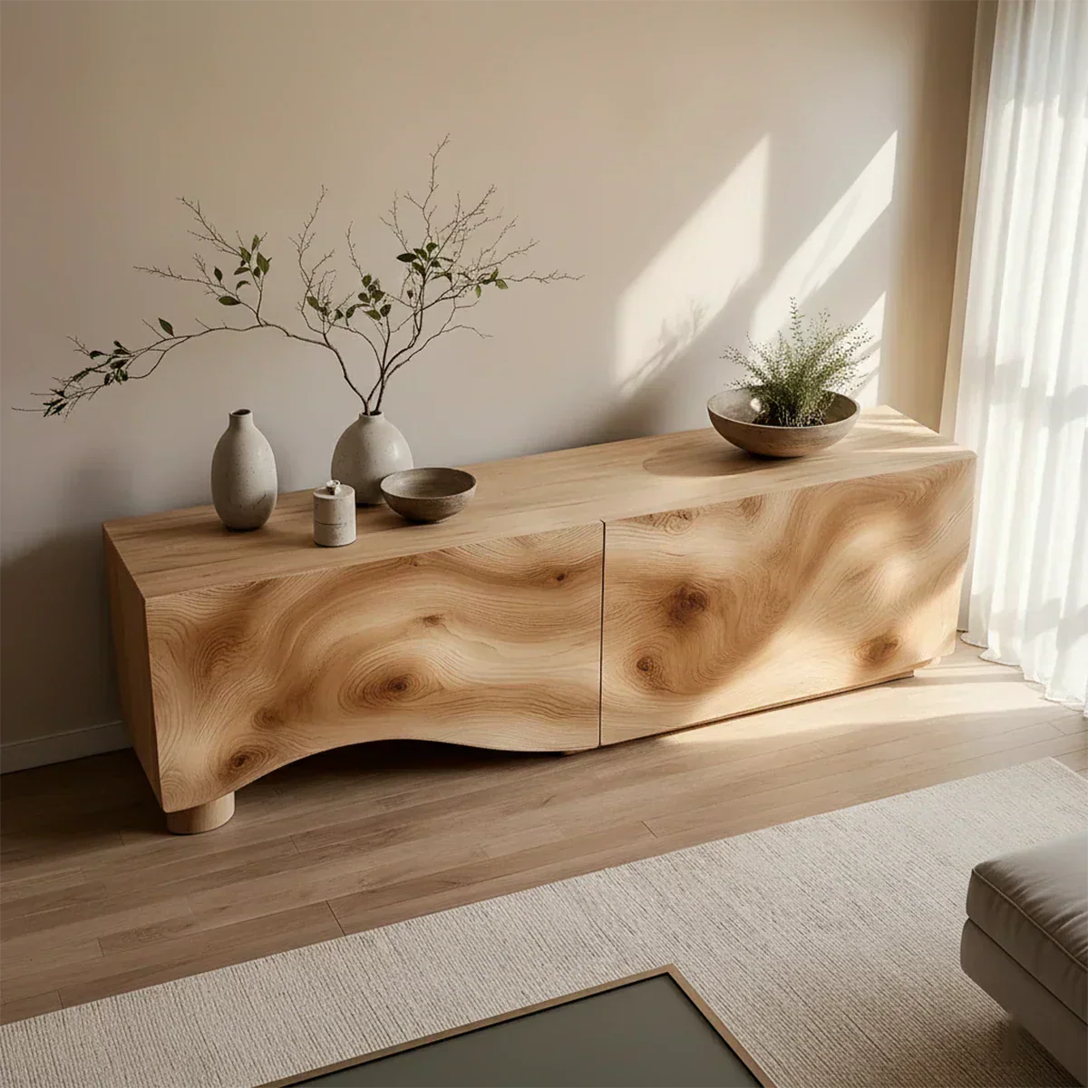 Light Burl Wave Solid Wood TV Console – Minimal Organic Design - Rustirawood