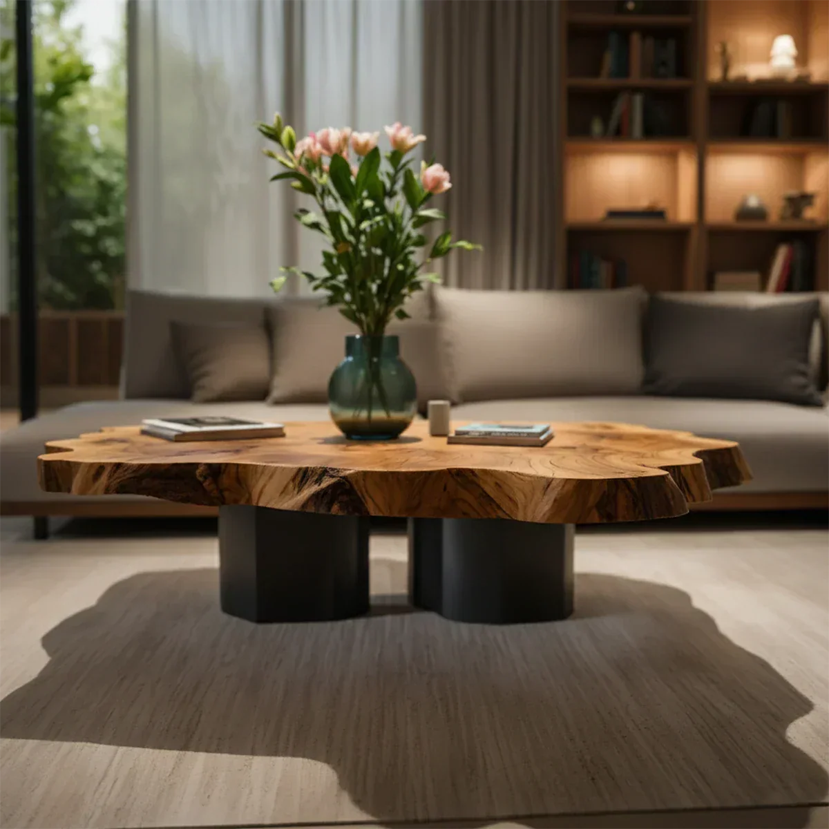 Live-Edge Natural Solid Wood Coffee Table – Sculptural Flower-Form Slab - Rustirawood