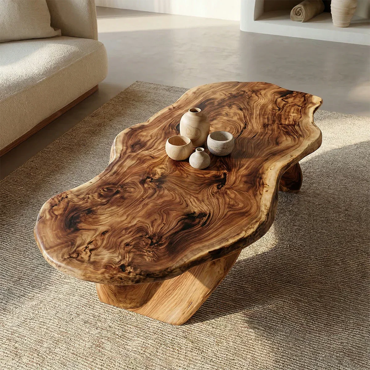 Live Edge Natural Solid Wood Coffee Table with Organic Sculptural Base - Rustirawood