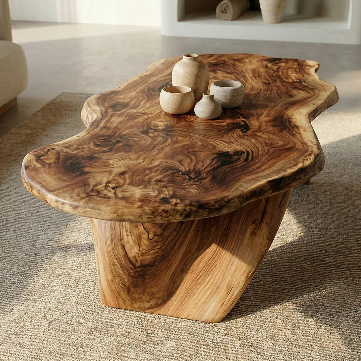 Live Edge Natural Solid Wood Coffee Table with Organic Sculptural Base - Rustirawood