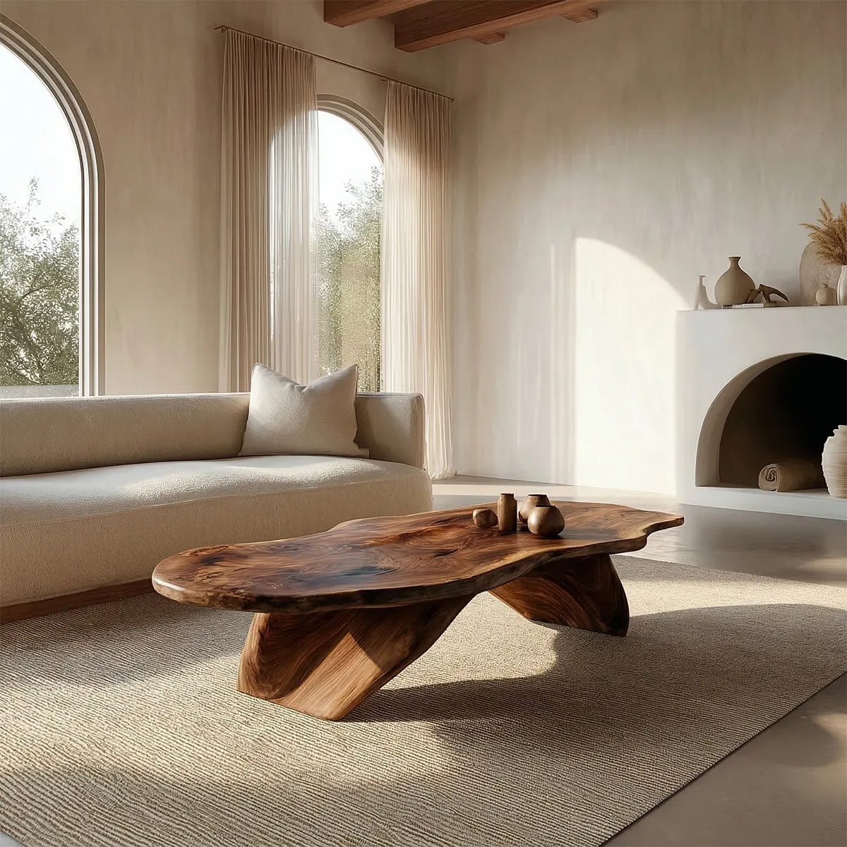 Live Edge Natural Solid Wood Coffee Table with Organic Sculptural Base - Rustirawood
