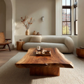Live Edge Natural Solid Wood Coffee Table with Sculptural Block Base - Rustirawood