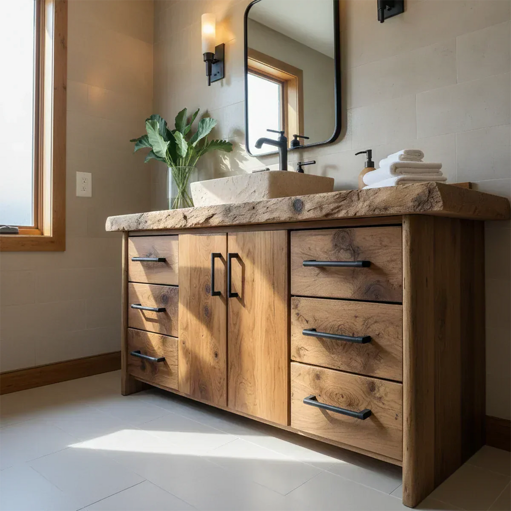 Live Edge Solid Wood Bathroom Vanity – Rustic Wabi-Sabi Cabinet - Rustirawood