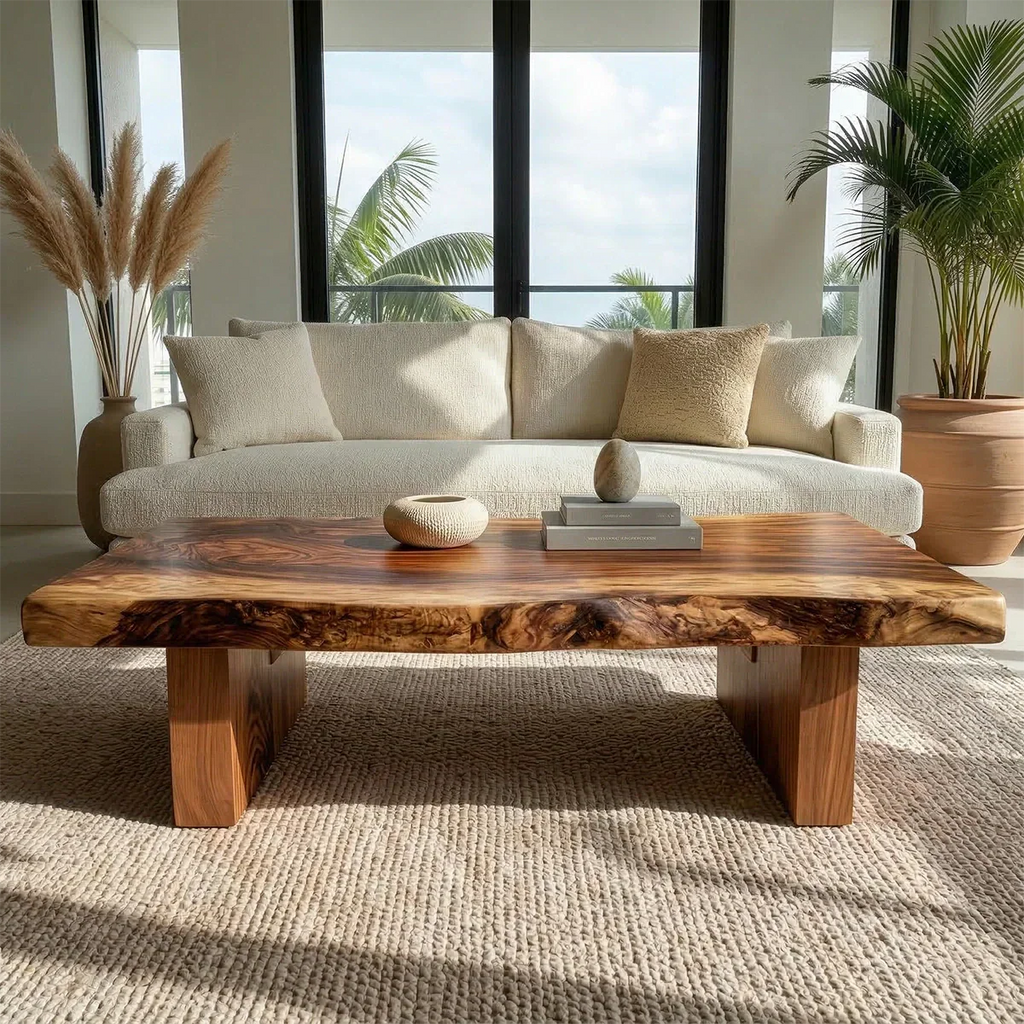 Live Edge Solid Wood Coffee Table with Thick Slab Top and Block Base - Rustirawood
