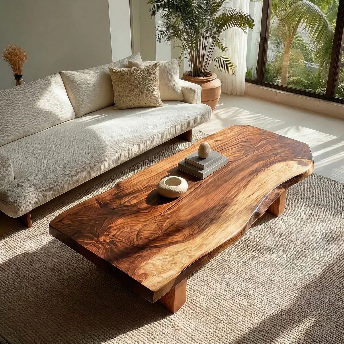 Live Edge Solid Wood Coffee Table with Thick Slab Top and Block Base - Rustirawood