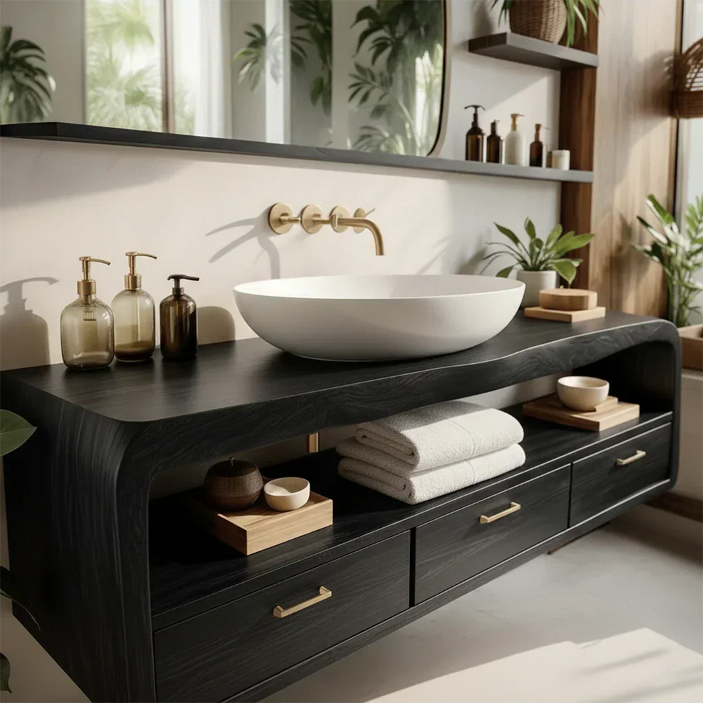 Live-Edge Walnut Finish Floating Bathroom Vanity - Solid Wood Bathroom Cabinet - Rustirawood