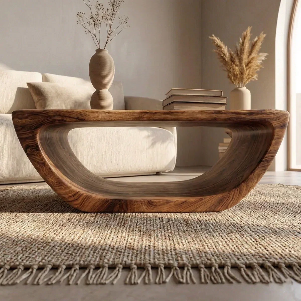 Long Sculptural Hollow Coffee Table in Organic Modern Natural Solid Wood - Rustirawood