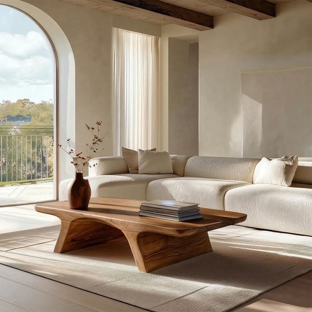 Low Profile Natural Solid Wood Coffee Table with Sculptural Base - Rustirawood