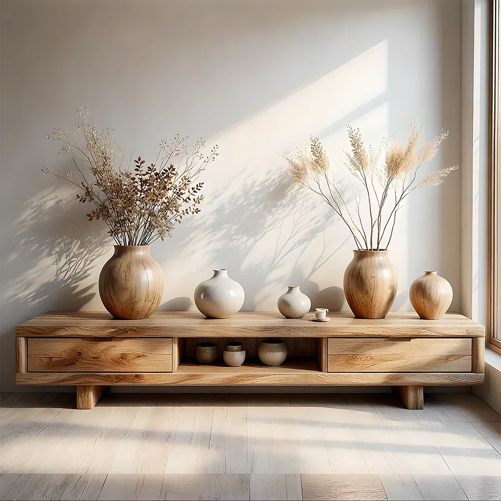 Low Solid Wood Japandi TV Stand – Minimal Zen Media Console - Rustirawood