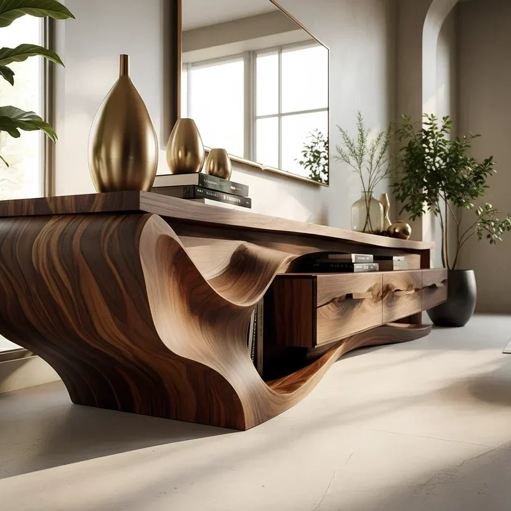 Luxury Wave-Carved Solid Wood TV Stand - Organic Modern Media Console - Rustirawood