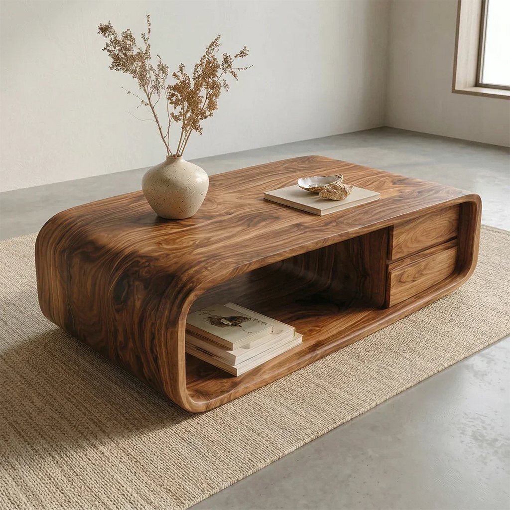 Modern Natural Solid Wood Coffee Table with Drawer and Open Shelf - Rustirawood