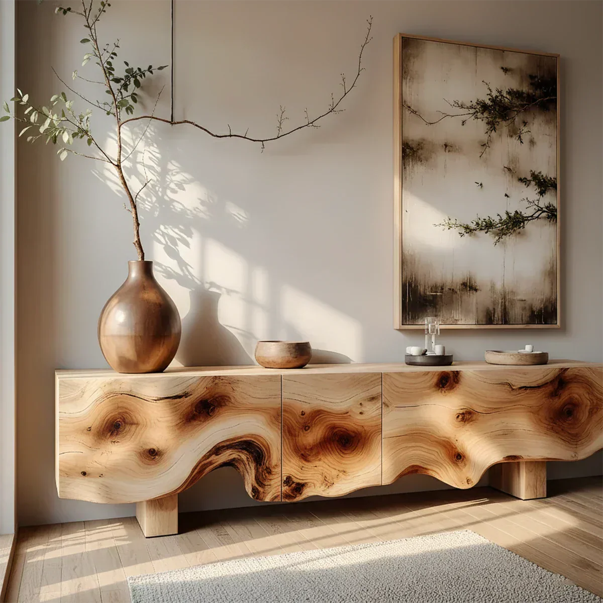 Natural Burl Flow Solid Wood TV Console – Wabi Sabi Organic Design - Rustirawood