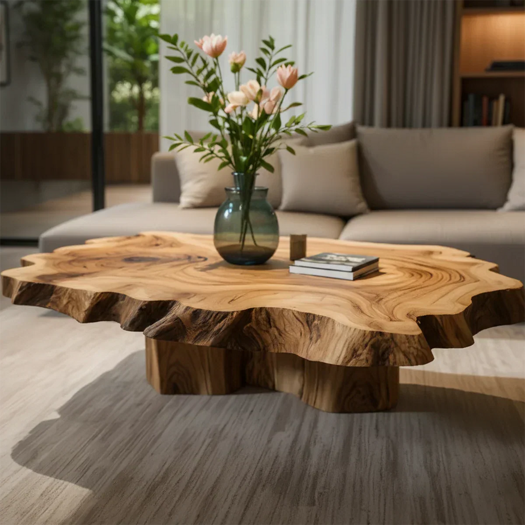 Natural Edge Solid Wood Coffee Table – Sculptural Japandi Form - Rustirawood