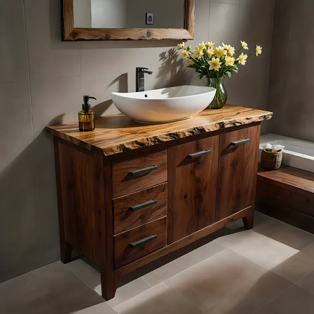 Natural Solid Wood Bathroom Vanity – Rustic Natural Edge Style - Rustirawood