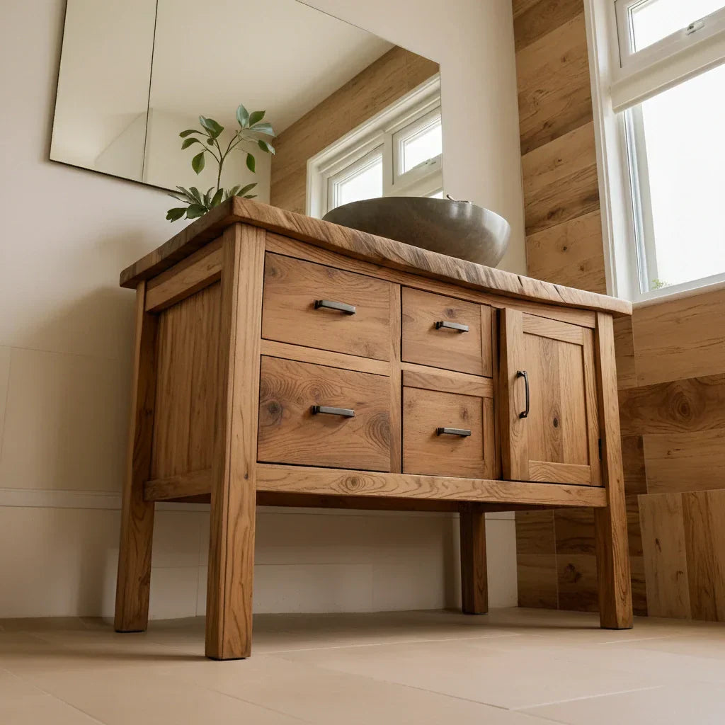 Natural Solid Wood Bathroom Vanity with Drawers & Cabinet — Handcrafted Wabi Sabi Design - Rustirawood