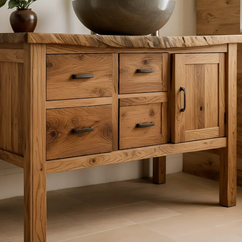Natural Solid Wood Bathroom Vanity with Drawers & Cabinet — Handcrafted Wabi Sabi Design - Rustirawood