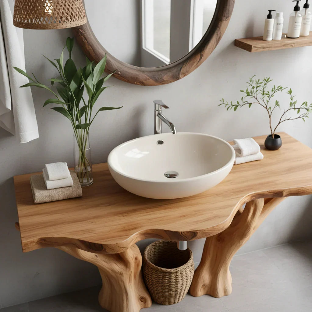 Natural Solid Wood Bathroom Vanity with Tree-Form Base - Rustirawood