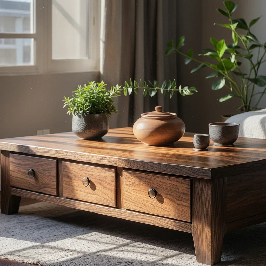 Natural Solid Wood Coffee Table with Drawers – Walnut Finish Japandi Low Storage Table - Rustirawood