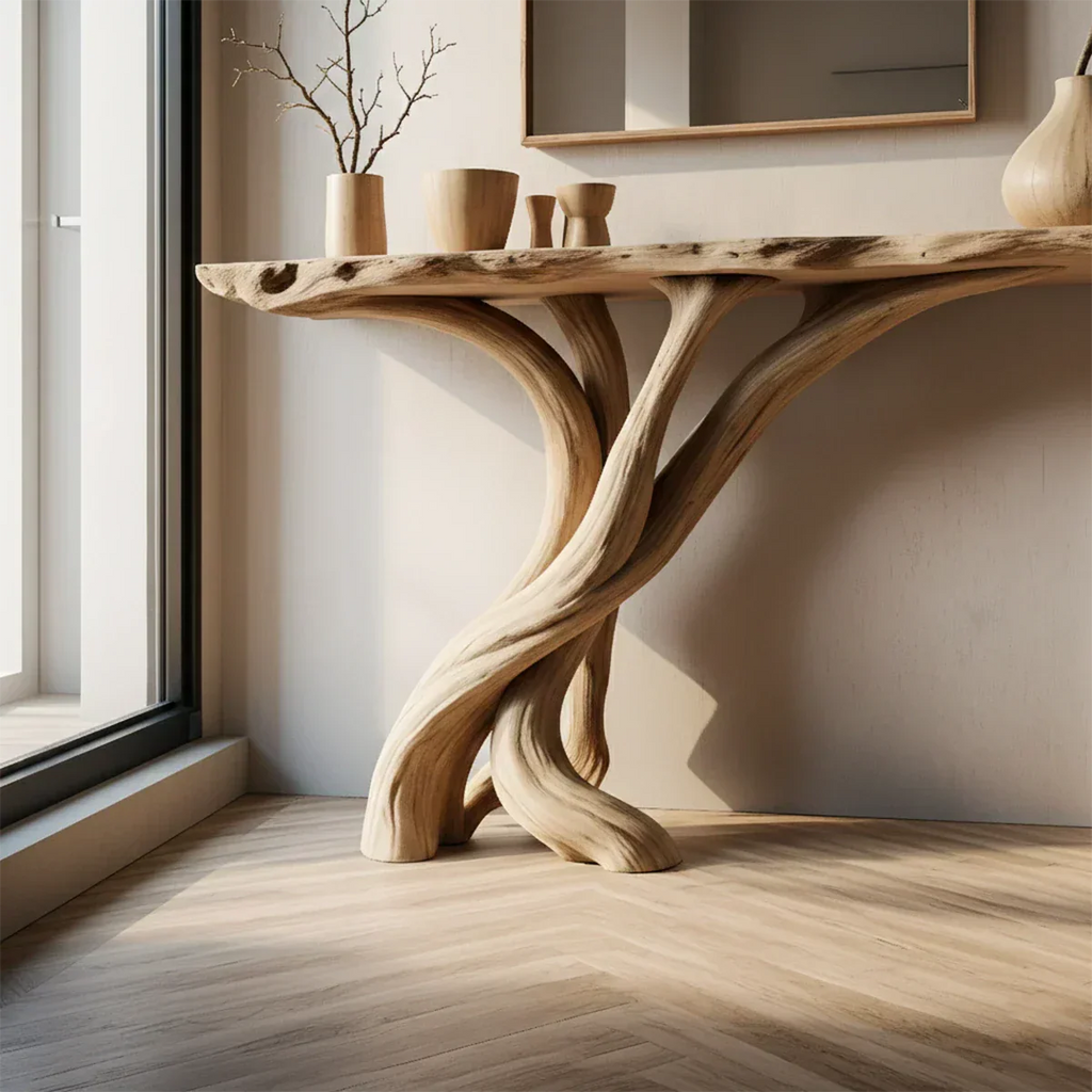 Natural Solid Wood Japandi Twisted-Root Console Table - Rustirawood