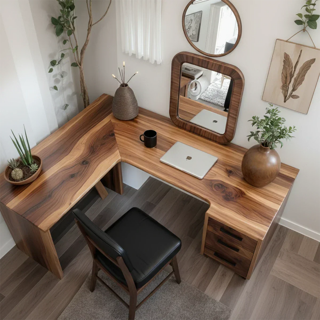 Natural Solid Wood L-Shape Desk with Drawer Cabinet - Rustirawood