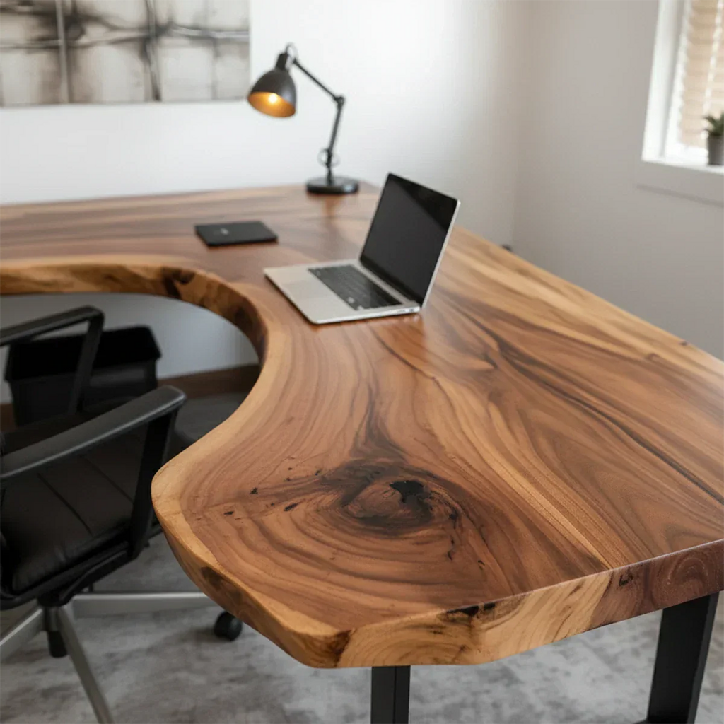 Natural Solid Wood L-Shape Live Edge Desk with Modern Steel Base - Rustirawood