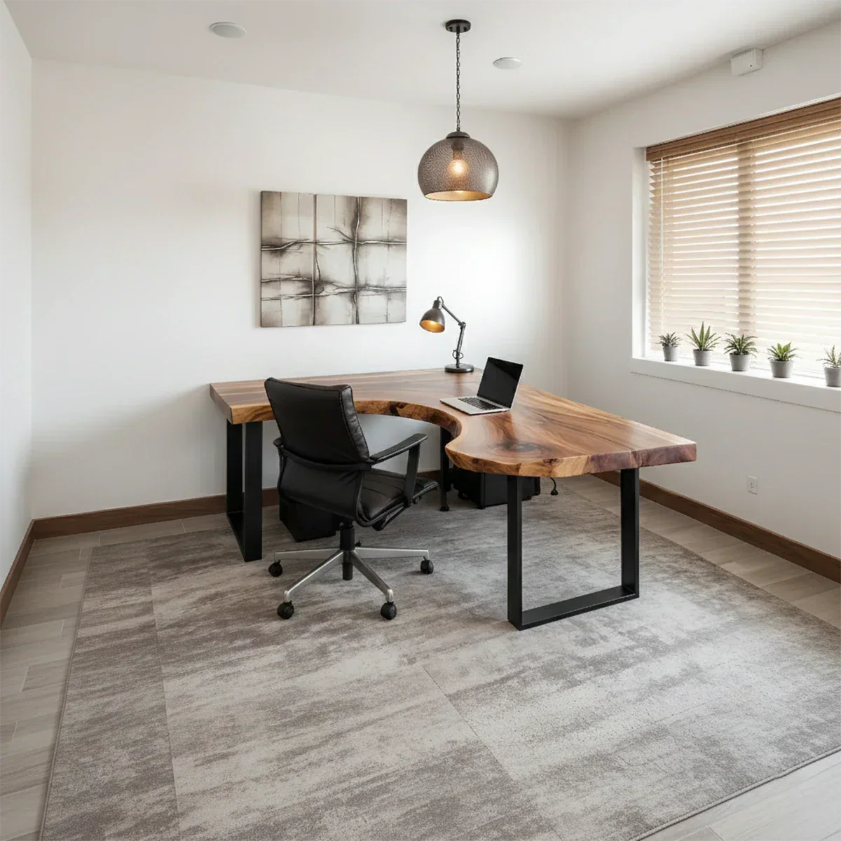 Natural Solid Wood L-Shape Live Edge Desk with Modern Steel Base - Rustirawood