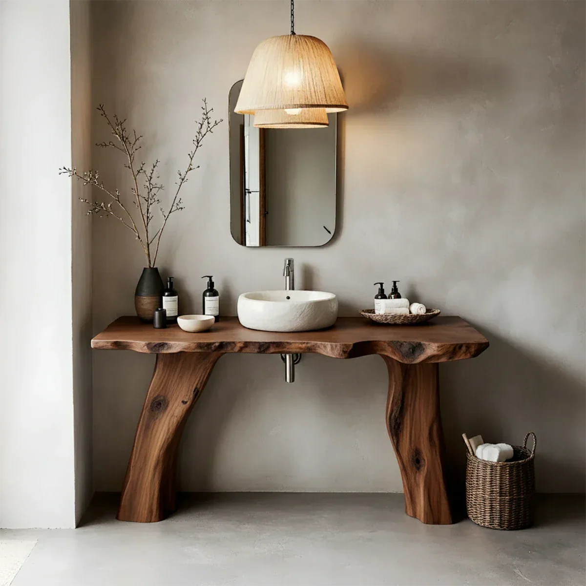 Natural Solid Wood Live-Edge Bathroom Vanity with Organic Sculpted Legs - Rustirawood