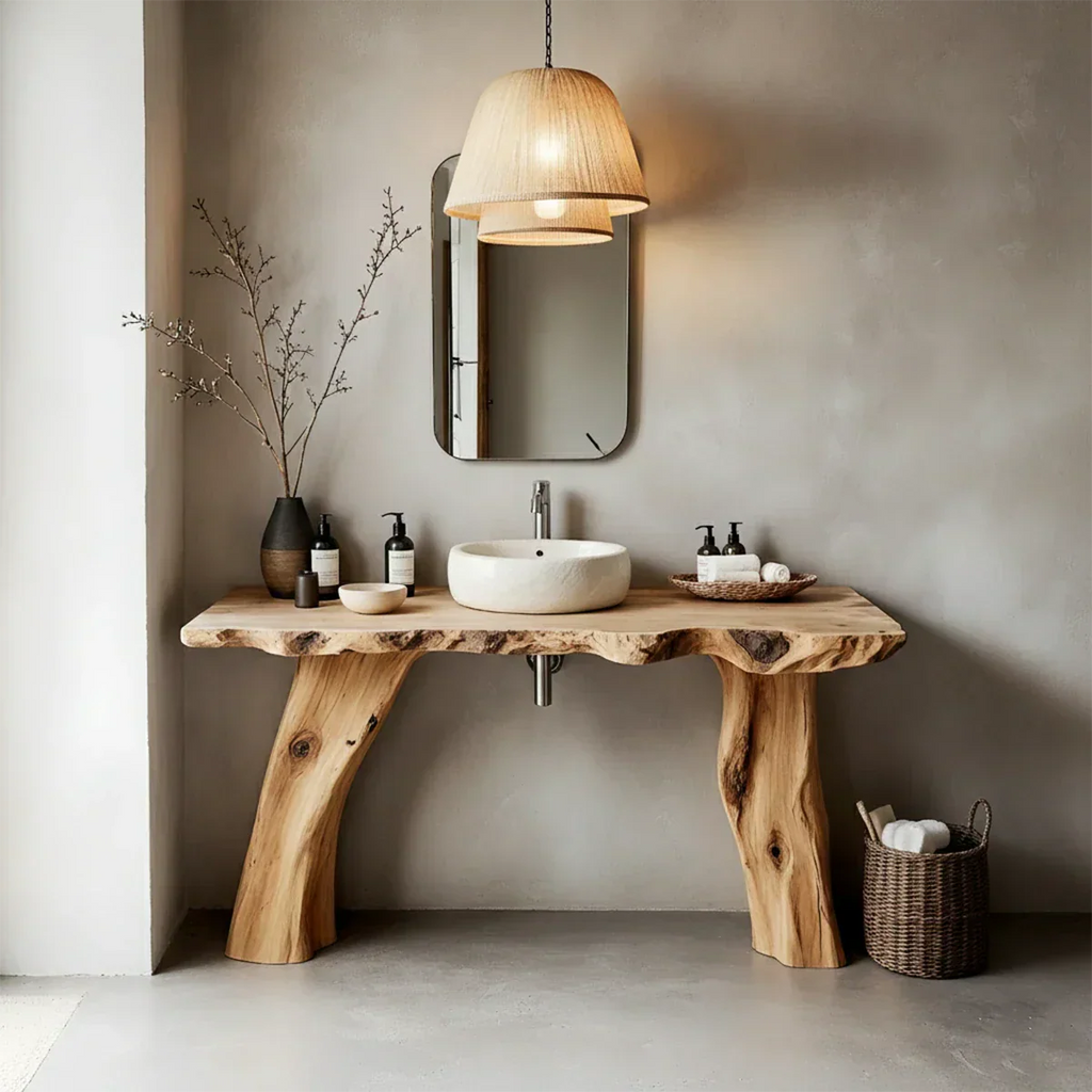 Natural Solid Wood Live-Edge Bathroom Vanity with Organic Sculpted Legs - Rustirawood
