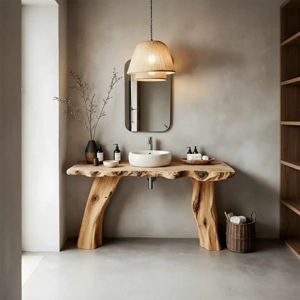 Natural Solid Wood Live-Edge Bathroom Vanity with Organic Sculpted Legs - Rustirawood