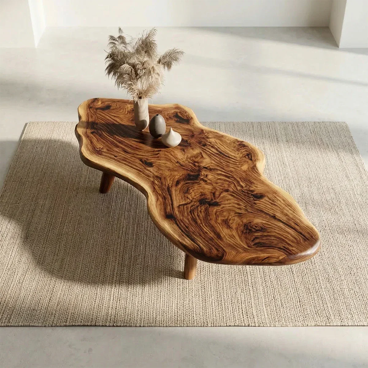 Organic Live Edge Natural Solid Wood Coffee Table with Sculptural Legs - Rustirawood