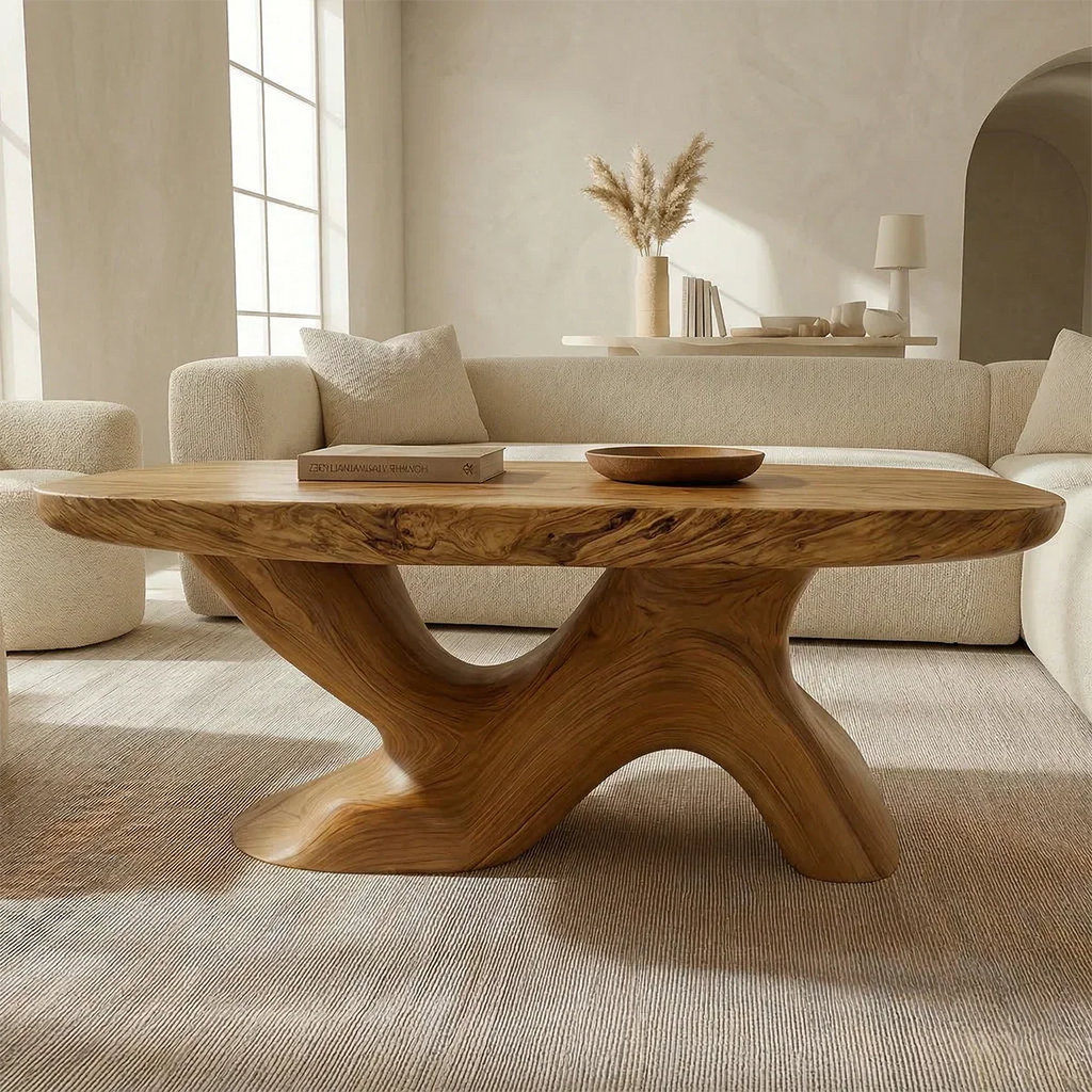 Organic Sculptural Pedestal Coffee Table in Natural Solid Wood - Rustirawood