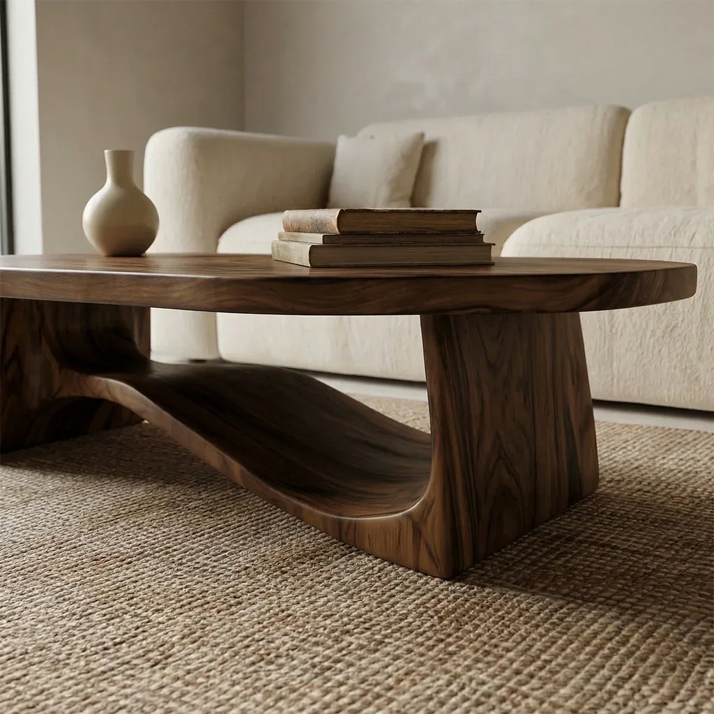Oval Sculptural Coffee Table with Bridge Base in Natural Solid Wood - Rustirawood