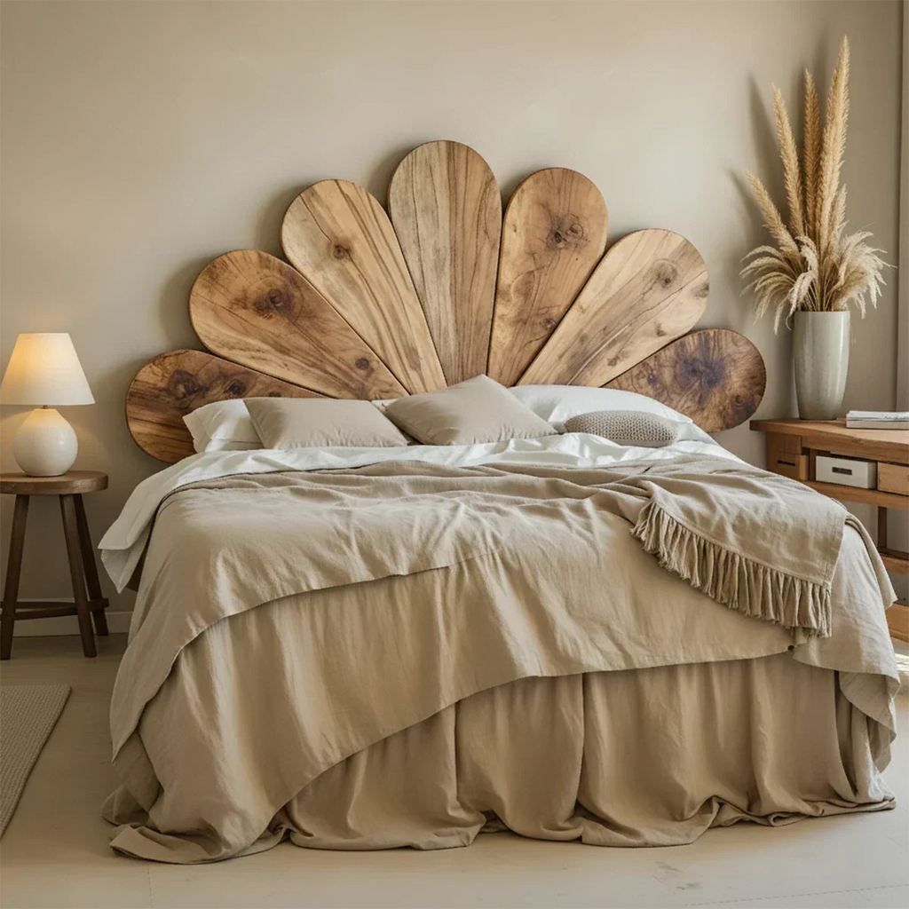 Petal Bloom Solid Wood Headboard – Natural Sculptural Bedroom Accent - Rustirawood
