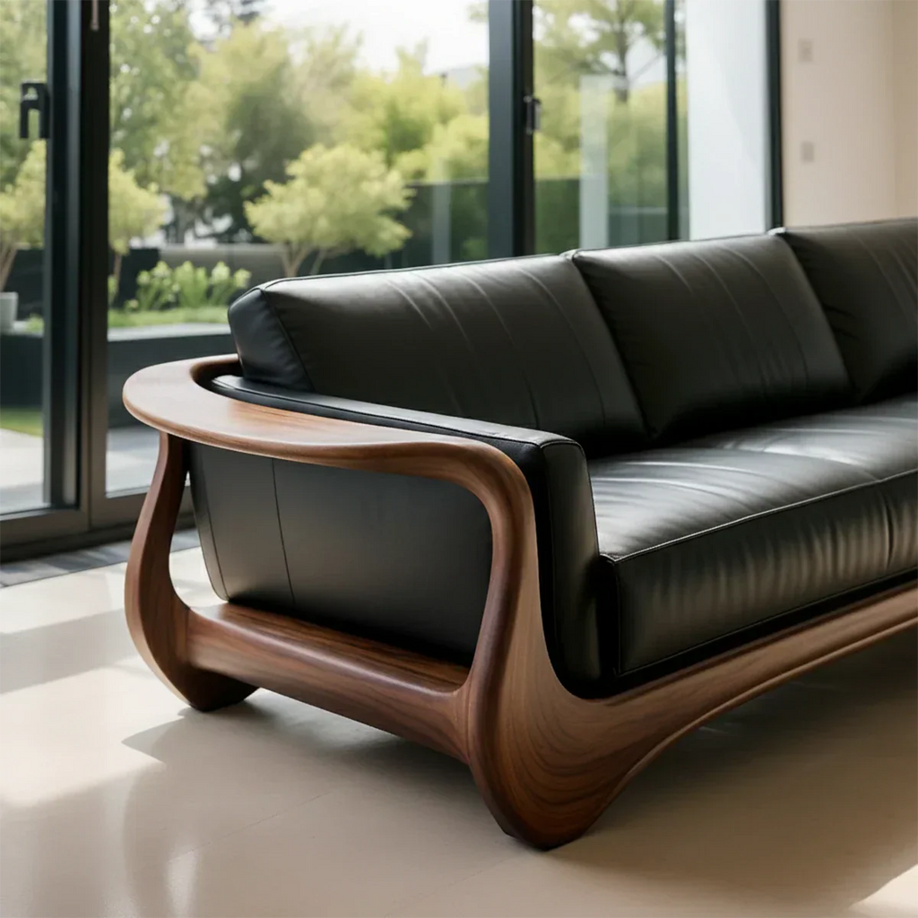 Premium Leather & Natural Solid Wood Sofa – Sculpted Modern Form - Rustirawood
