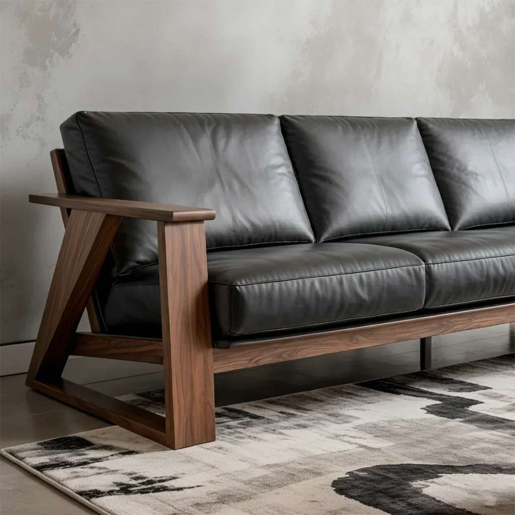 Premium Leather Sofa with Modern Z-Frame in Natural Solid Wood - Rustirawood