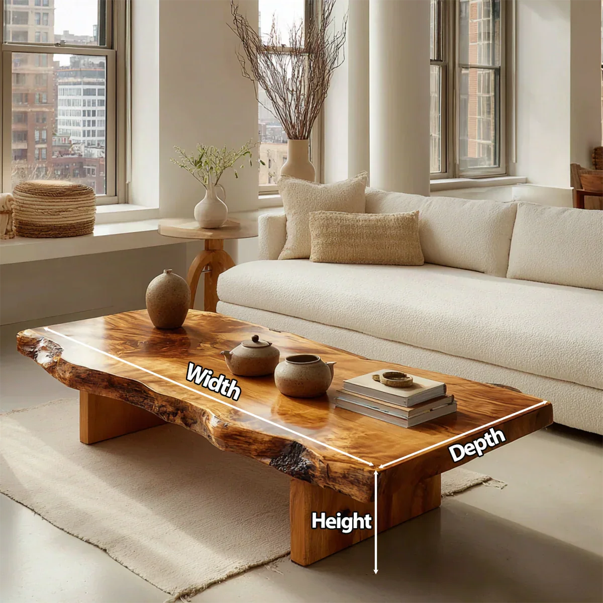 Premium Live Edge Coffee Table with Low Pedestal Base in Natural Solid Wood - Rustirawood