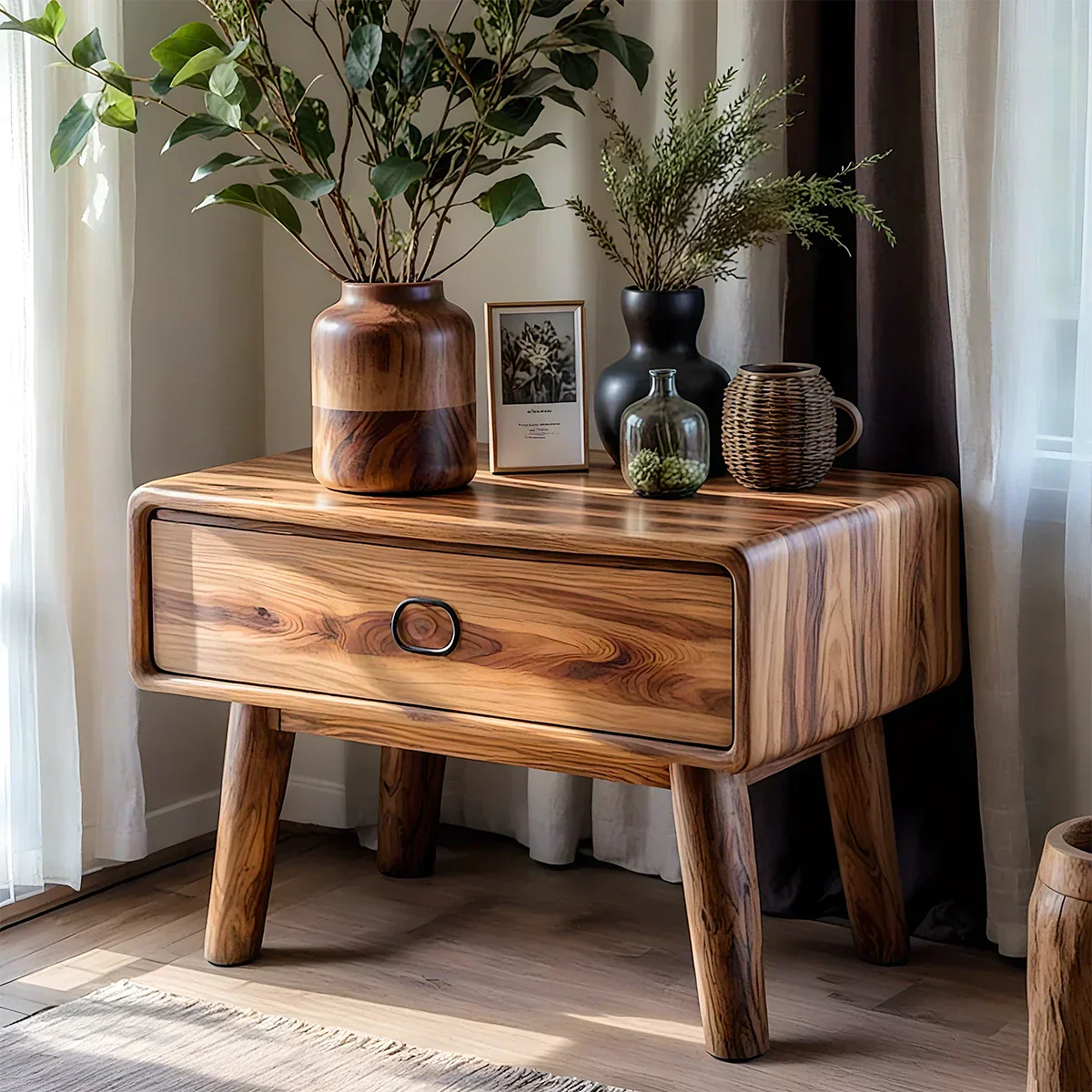 Rounded Solid Wood Nightstand – Minimalist Single-Drawer Design - Rustirawood