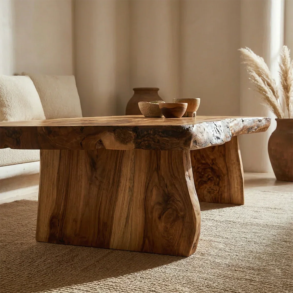 Rustic Live Edge Slab Coffee Table with Solid Block Base in Natural Solid Wood - Rustirawood