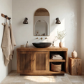 Rustic Natural Solid Wood Bathroom Vanity Cabinet with Open Shelf - Rustirawood