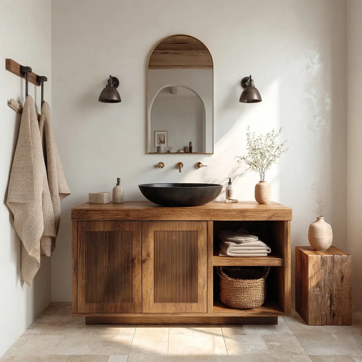 Rustic Natural Solid Wood Bathroom Vanity Cabinet with Open Shelf - Rustirawood