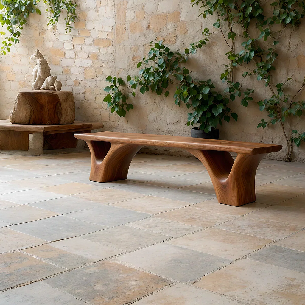 Sculpted Arch-Base Solid Wood Bench – Modern Fluid Silhouette - Rustirawood