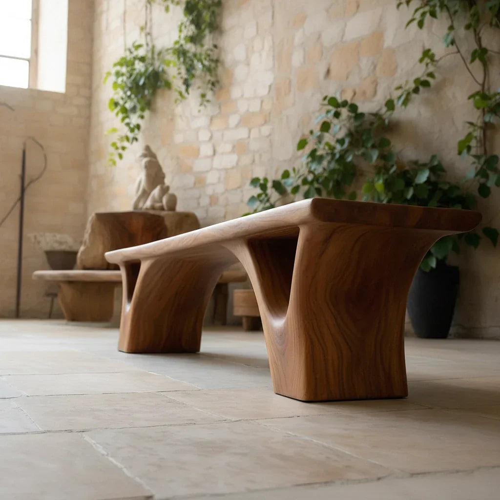 Sculpted Arch-Base Solid Wood Bench – Modern Fluid Silhouette - Rustirawood