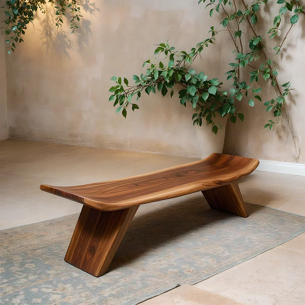 Sculpted Low-Profile Bench in Natural Solid Wood – Curved Edge Form - Rustirawood